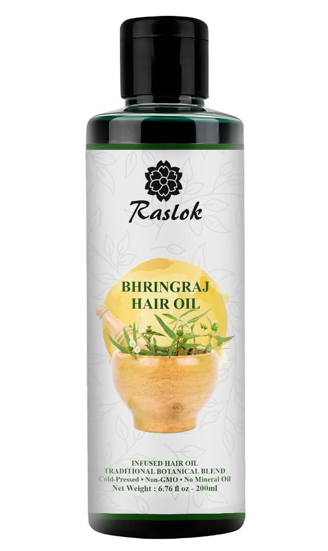 Raslok Bhringraj Hair Oil 6.76 fl oz –200ml | Ayurvedic Botanical Blend with Amla, Neem, Hibiscus & Brahmi | Cold-Pressed | Non-GMO | No Mineral Oil | Made in India