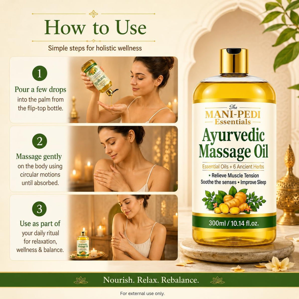 Ayurvedic Oil, Massage Oil with 6 Ancient Herbs with Clove, Almond, Lemongrass & Lavender Oils. Relieves Muscle Tensions, Calms Nerves, Soothes Senses. Organic & Natural - 10 Fl Oz