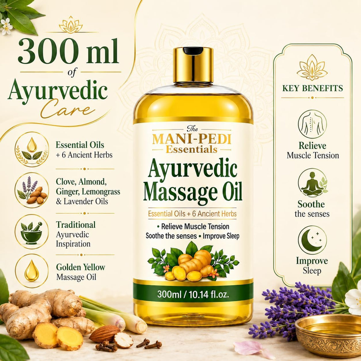 Ayurvedic Oil, Massage Oil with 6 Ancient Herbs with Clove, Almond, Lemongrass & Lavender Oils. Relieves Muscle Tensions, Calms Nerves, Soothes Senses. Organic & Natural - 10 Fl Oz
