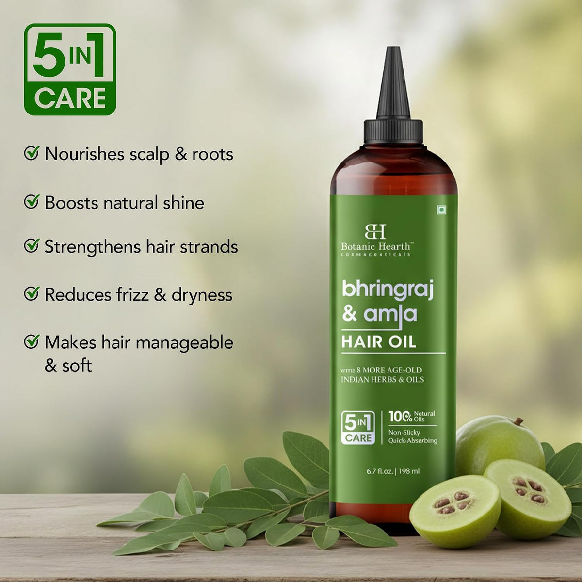 Botanic Hearth Bhringraj & Amla Hair Oil - 6.7 fl oz | Nourishing Scalp & Hair Oil for Dry, Frizzy Hair | Supports Fuller-Looking Hair & Shine | Lightweight Botanical Formula