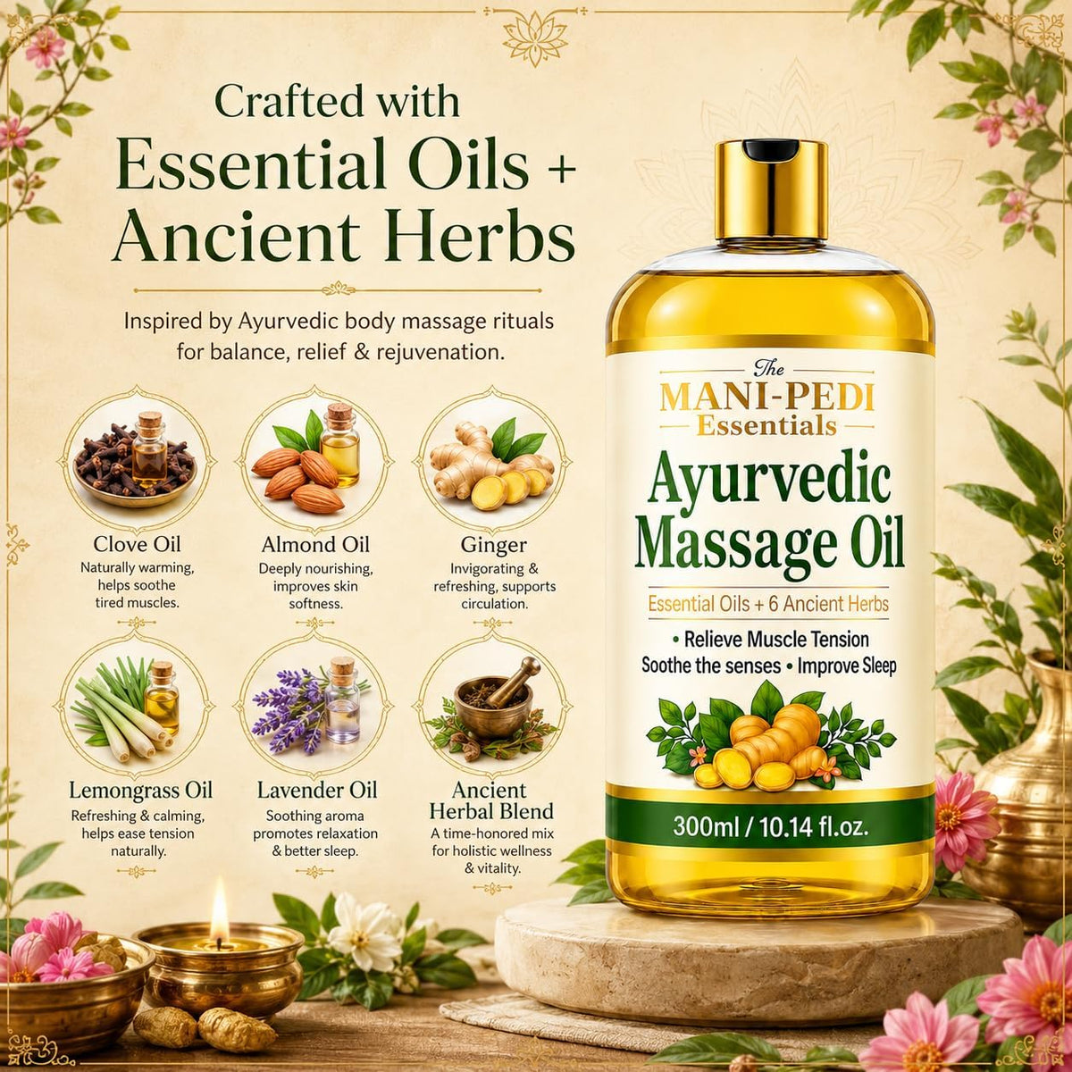 Ayurvedic Oil, Massage Oil with 6 Ancient Herbs with Clove, Almond, Lemongrass & Lavender Oils. Relieves Muscle Tensions, Calms Nerves, Soothes Senses. Organic & Natural - 10 Fl Oz