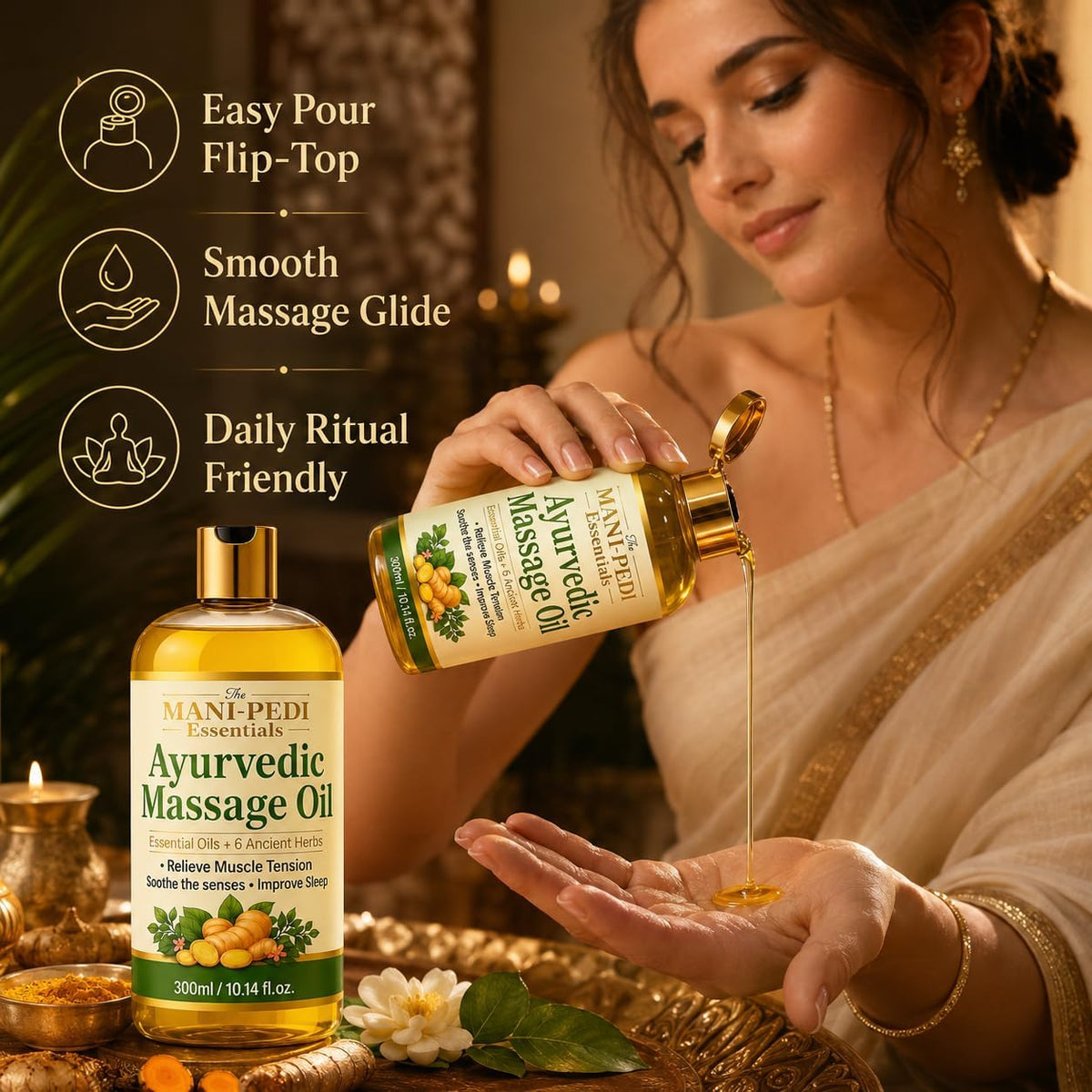 Ayurvedic Oil, Massage Oil with 6 Ancient Herbs with Clove, Almond, Lemongrass & Lavender Oils. Relieves Muscle Tensions, Calms Nerves, Soothes Senses. Organic & Natural - 10 Fl Oz