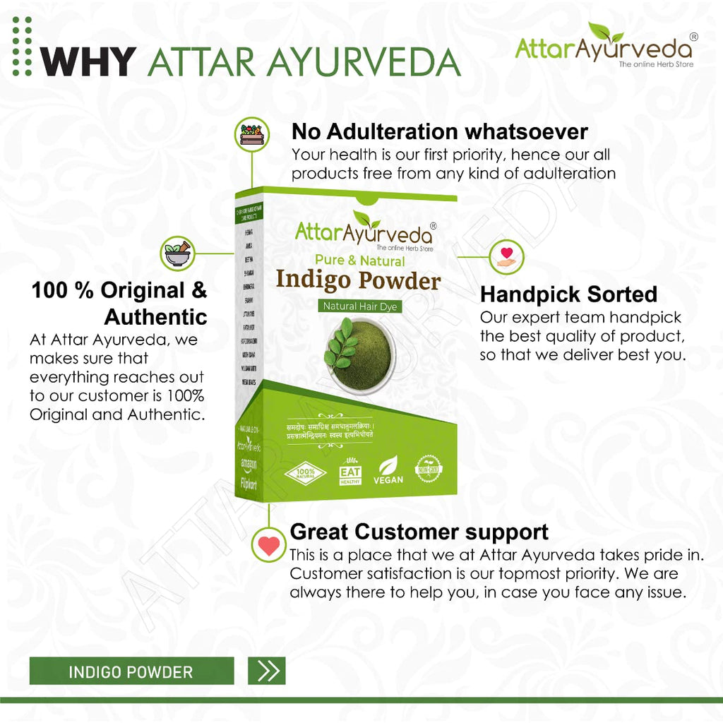 Attar Ayurveda Indigo Powder for Black Hair Damage Repair, Nourishing, Deep Hydration, Ammonia Free, Sulphate Free, Synthetic Color-Free 7 Ounce