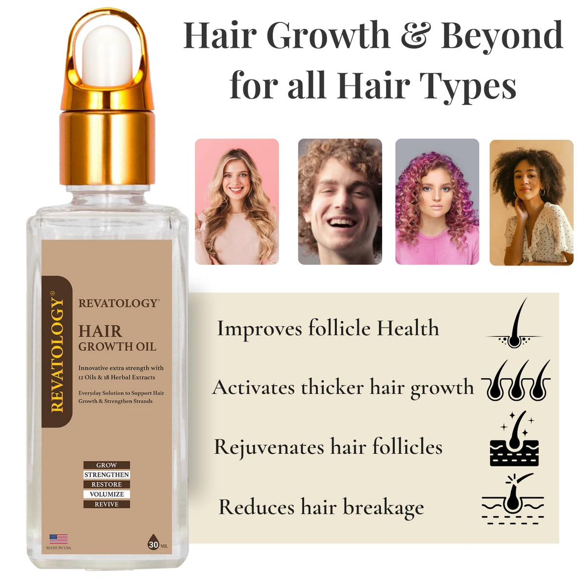 Revatology Hair Growth Oil for Adults, Ayurvedic Pre Wash and Overnight Scalp Treatment for Thinning Hair, 30 Cold Pressed Botanicals with Rosemary and Castor Oil, Made in USA