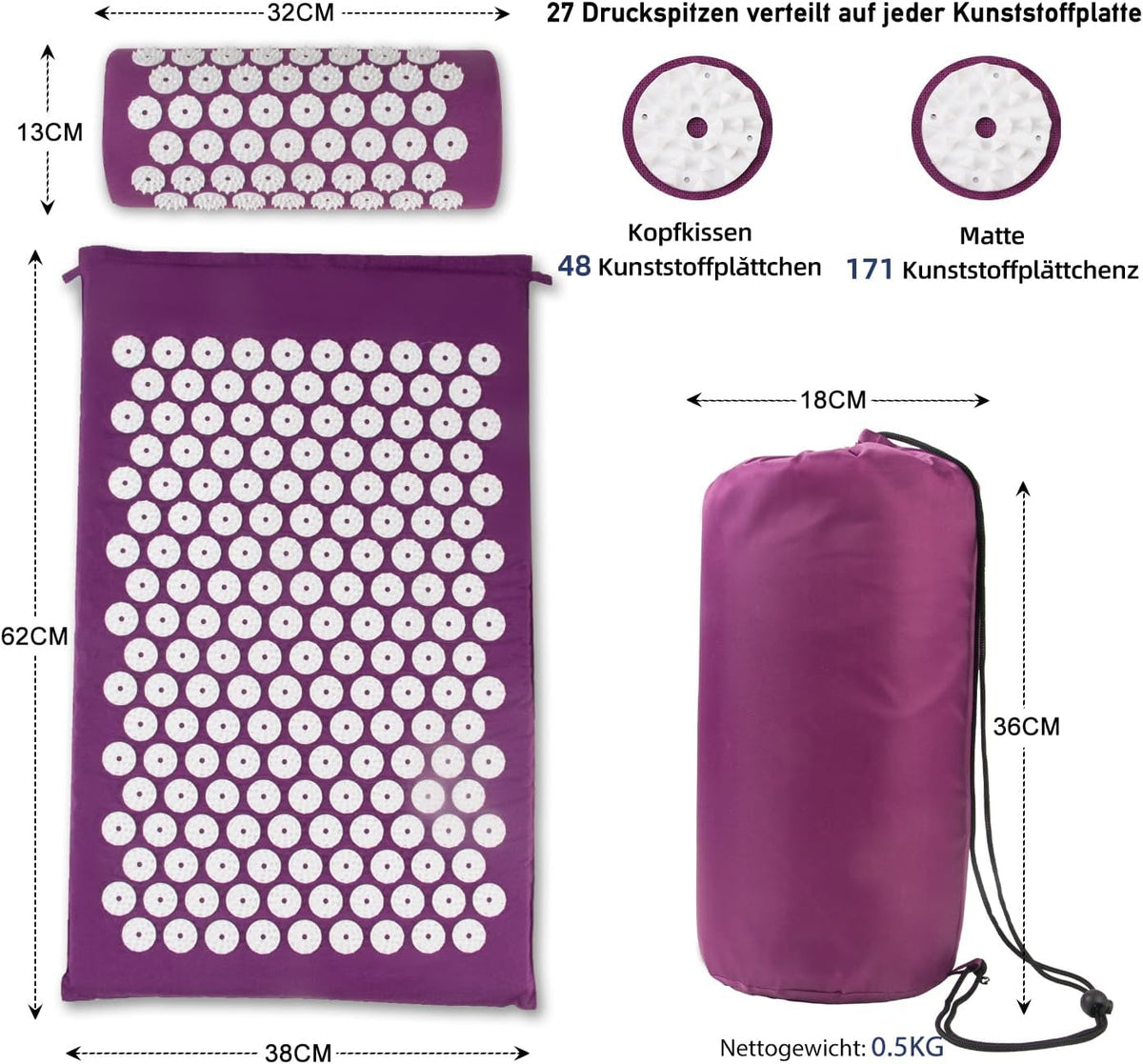 Acupressure Mat, Acupuncture Mat, Acupressure Mat with Cushion, Acupressure Mat, Massage Mat, Acupressure Set Purple, Acupressure Mat Back, Shiatsu Mat, Fakir Mat, Purple