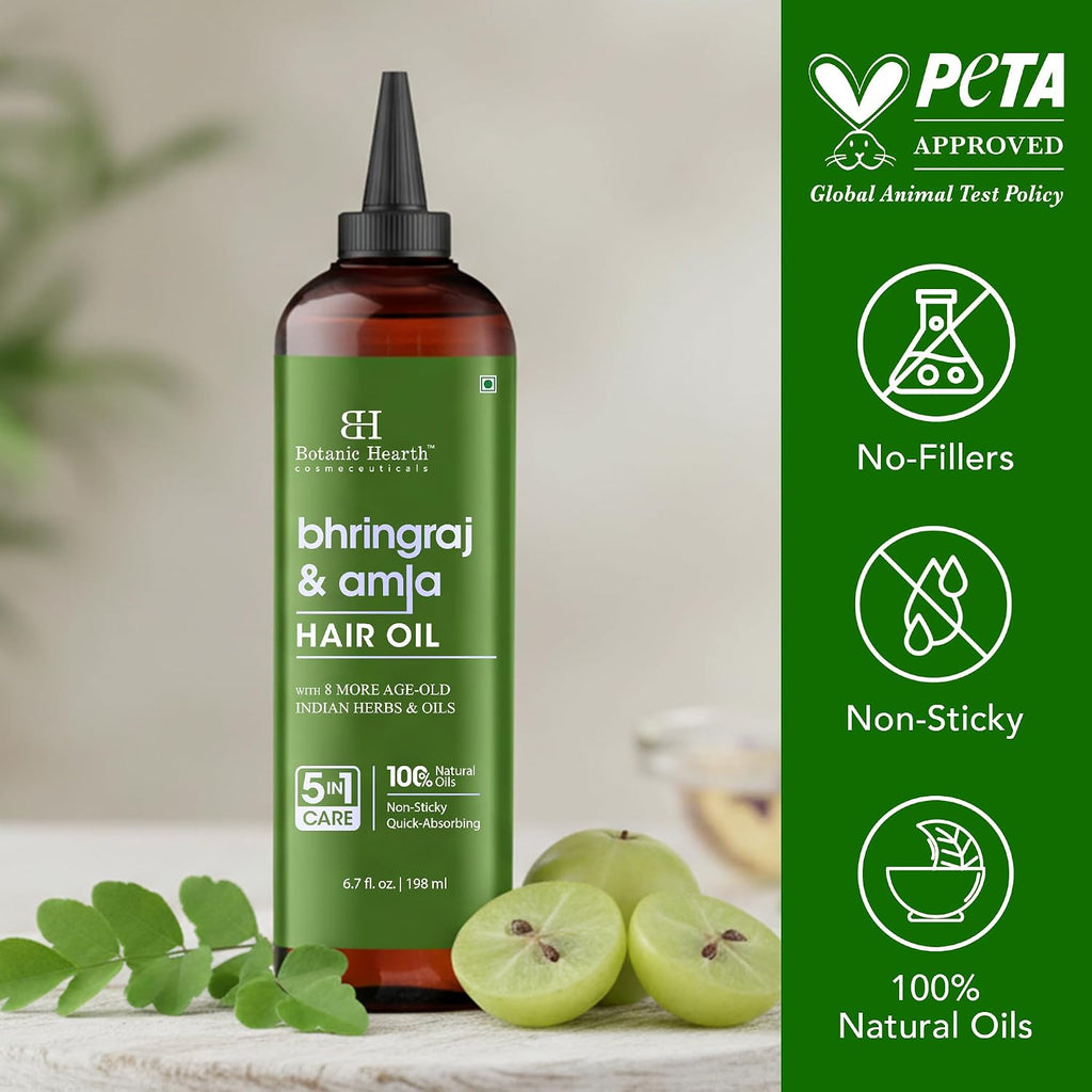 Botanic Hearth Bhringraj & Amla Hair Oil - 6.7 fl oz | Nourishing Scalp & Hair Oil for Dry, Frizzy Hair | Supports Fuller-Looking Hair & Shine | Lightweight Botanical Formula