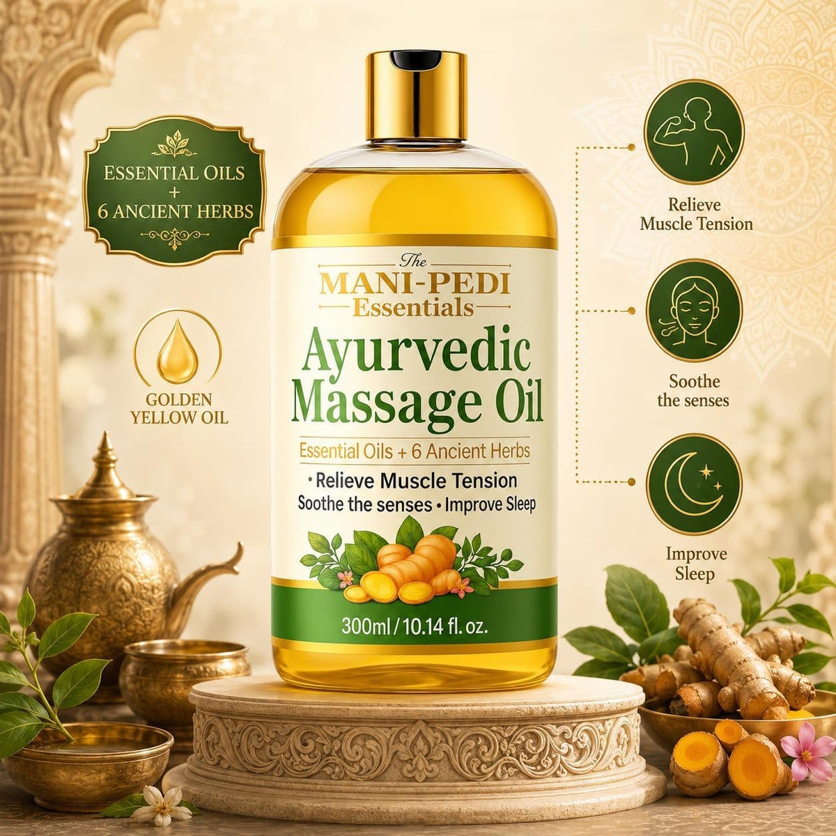 Ayurvedic Oil, Massage Oil with 6 Ancient Herbs with Clove, Almond, Lemongrass & Lavender Oils. Relieves Muscle Tensions, Calms Nerves, Soothes Senses. Organic & Natural - 10 Fl Oz