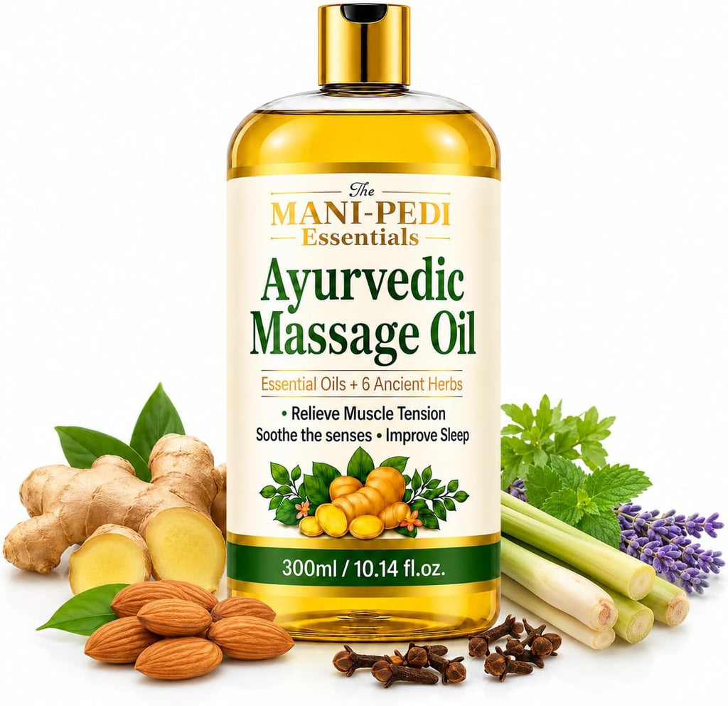 Ayurvedic Oil, Massage Oil with 6 Ancient Herbs with Clove, Almond, Lemongrass & Lavender Oils. Relieves Muscle Tensions, Calms Nerves, Soothes Senses. Organic & Natural - 10 Fl Oz