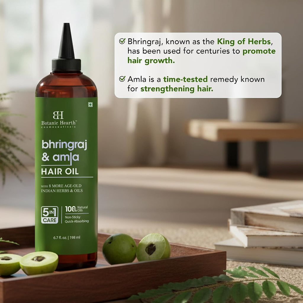 Botanic Hearth Bhringraj & Amla Hair Oil - 6.7 fl oz | Nourishing Scalp & Hair Oil for Dry, Frizzy Hair | Supports Fuller-Looking Hair & Shine | Lightweight Botanical Formula