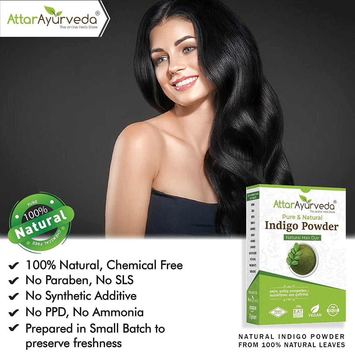 Attar Ayurveda Indigo Powder for Black Hair Damage Repair, Nourishing, Deep Hydration, Ammonia Free, Sulphate Free, Synthetic Color-Free 7 Ounce