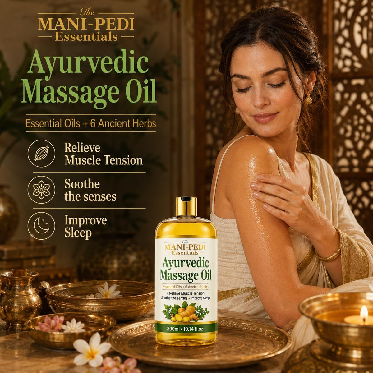 Ayurvedic Oil, Massage Oil with 6 Ancient Herbs with Clove, Almond, Lemongrass & Lavender Oils. Relieves Muscle Tensions, Calms Nerves, Soothes Senses. Organic & Natural - 10 Fl Oz