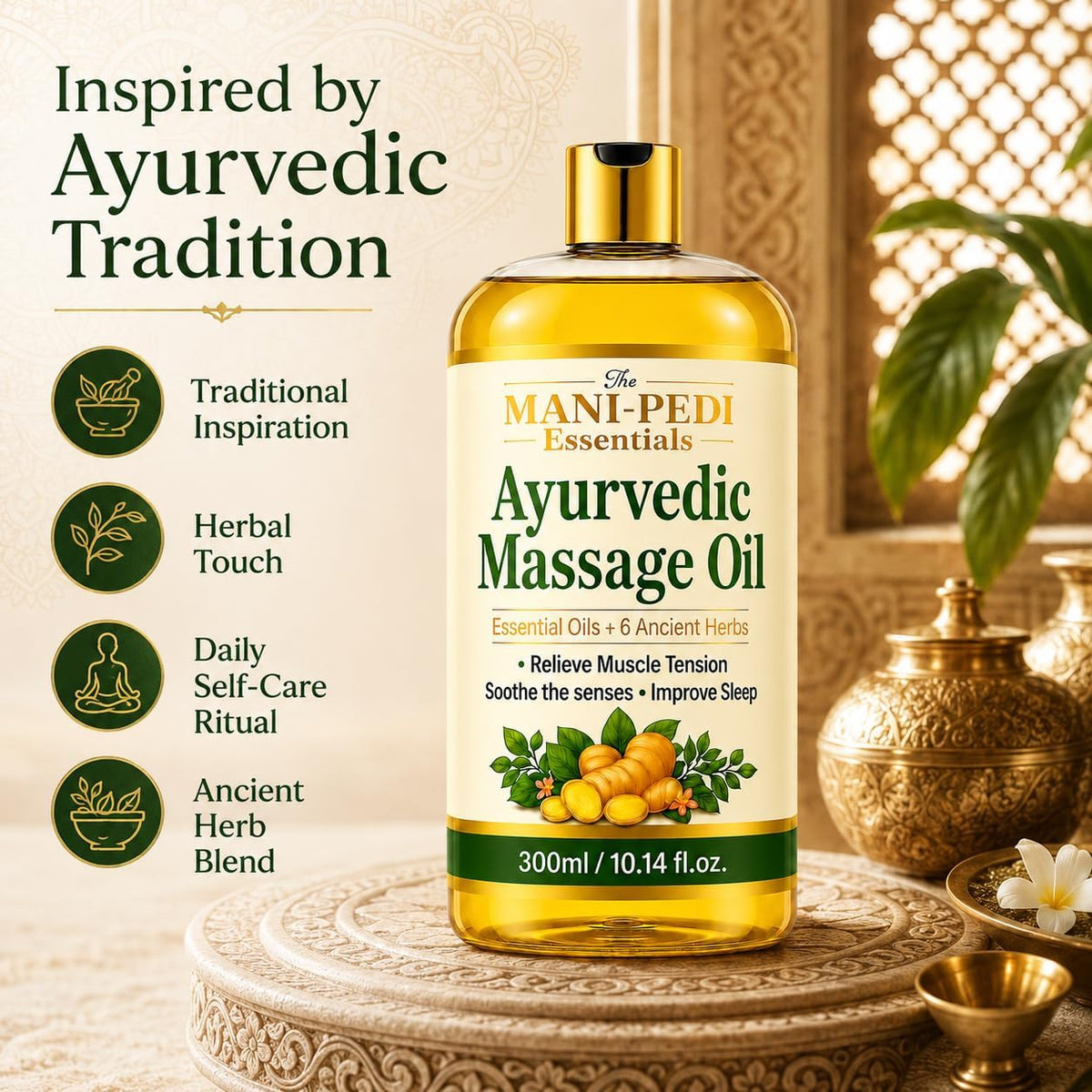 Ayurvedic Oil, Massage Oil with 6 Ancient Herbs with Clove, Almond, Lemongrass & Lavender Oils. Relieves Muscle Tensions, Calms Nerves, Soothes Senses. Organic & Natural - 10 Fl Oz