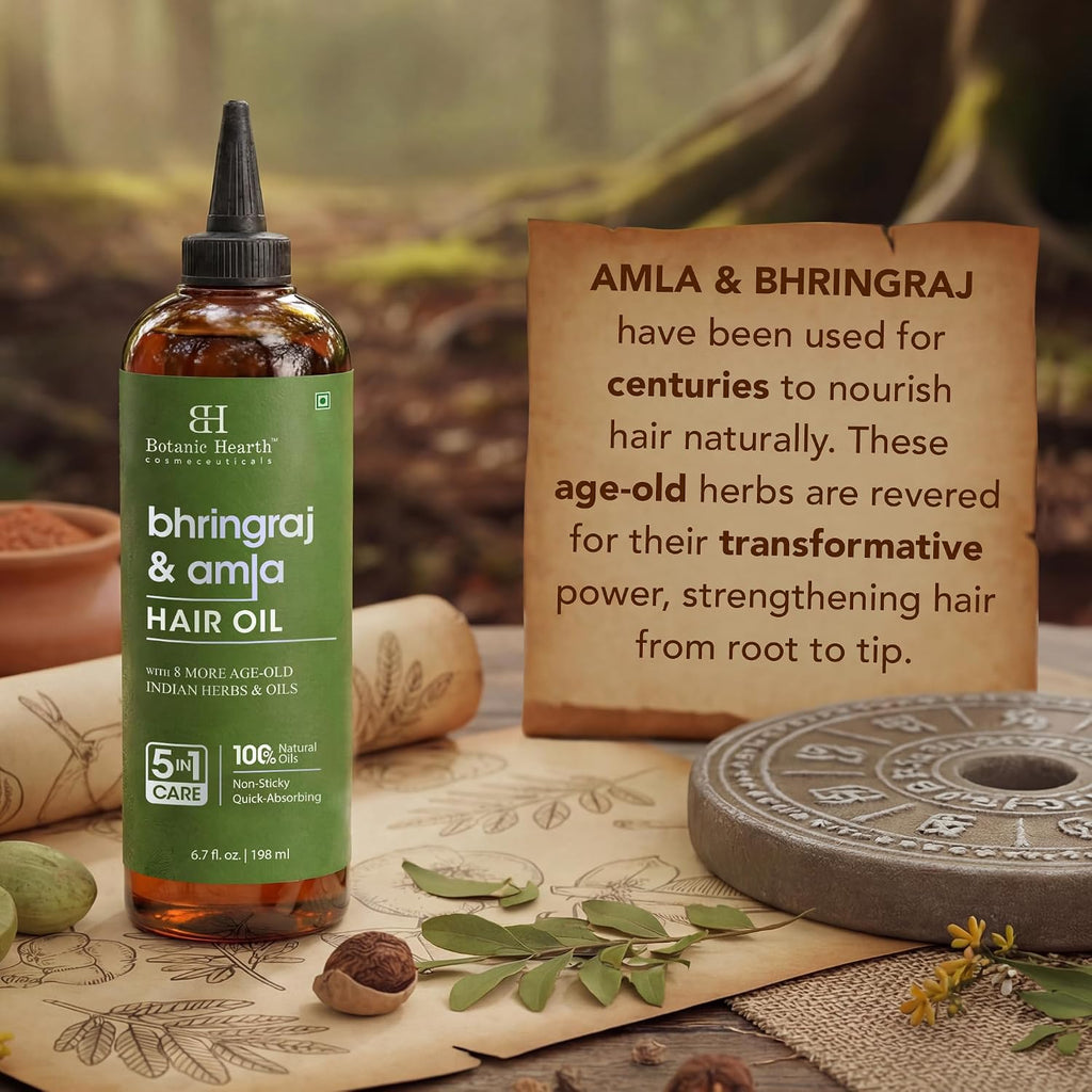 Botanic Hearth Bhringraj & Amla Hair Oil - 6.7 fl oz | Nourishing Scalp & Hair Oil for Dry, Frizzy Hair | Supports Fuller-Looking Hair & Shine | Lightweight Botanical Formula