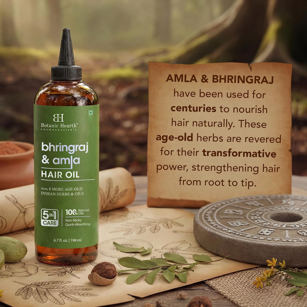 Botanic Hearth Bhringraj & Amla Hair Oil - 6.7 fl oz | Nourishing Scalp & Hair Oil for Dry, Frizzy Hair | Supports Fuller-Looking Hair & Shine | Lightweight Botanical Formula