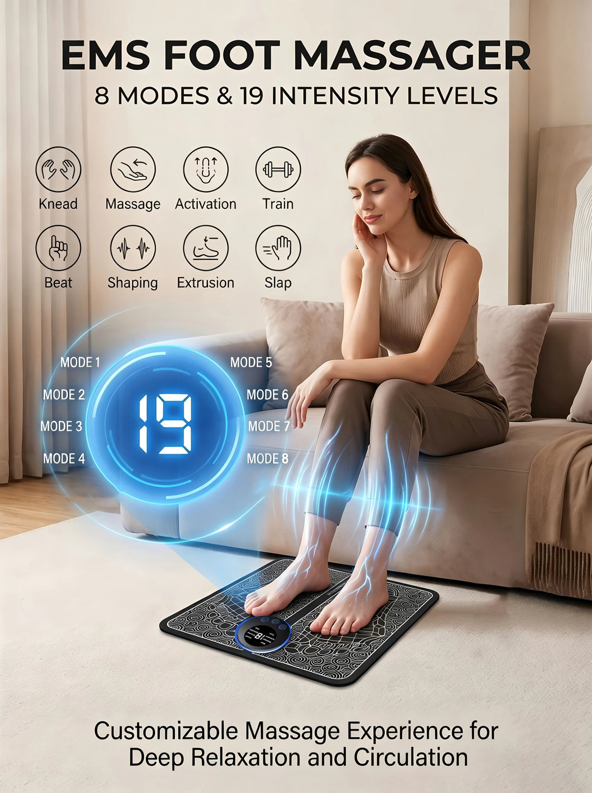 PranaRelief Rechargeable Electric Foot Massager – EMS Circulation Stimulator & Muscle Relaxer