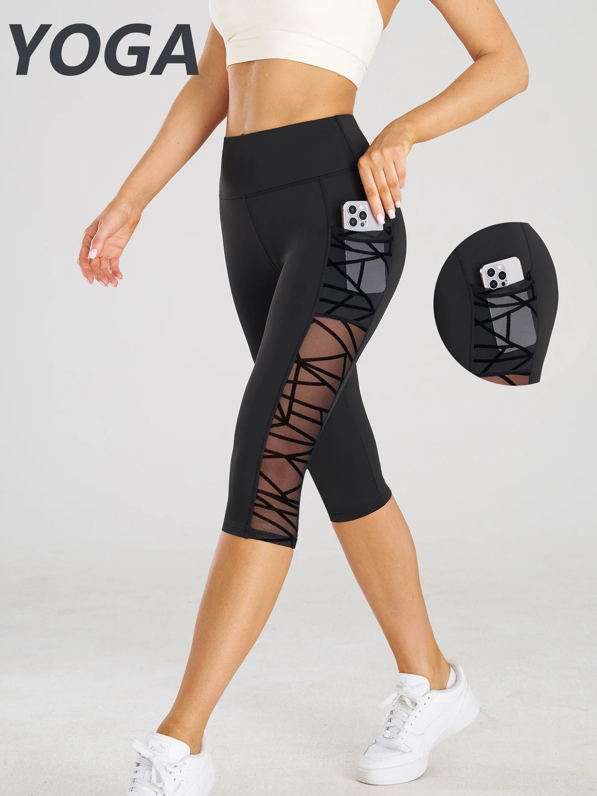 PranaRelief Mesh Stitch Capri Yoga Pants – High-Waisted Crop Leggings with Pockets