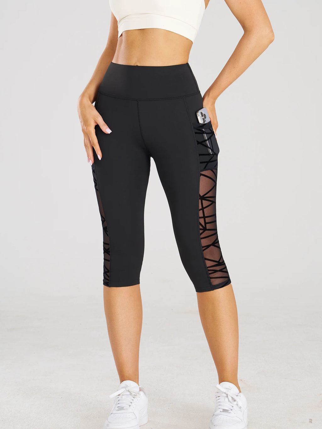 PranaRelief Mesh Stitch Capri Yoga Pants – High-Waisted Crop Leggings with Pockets