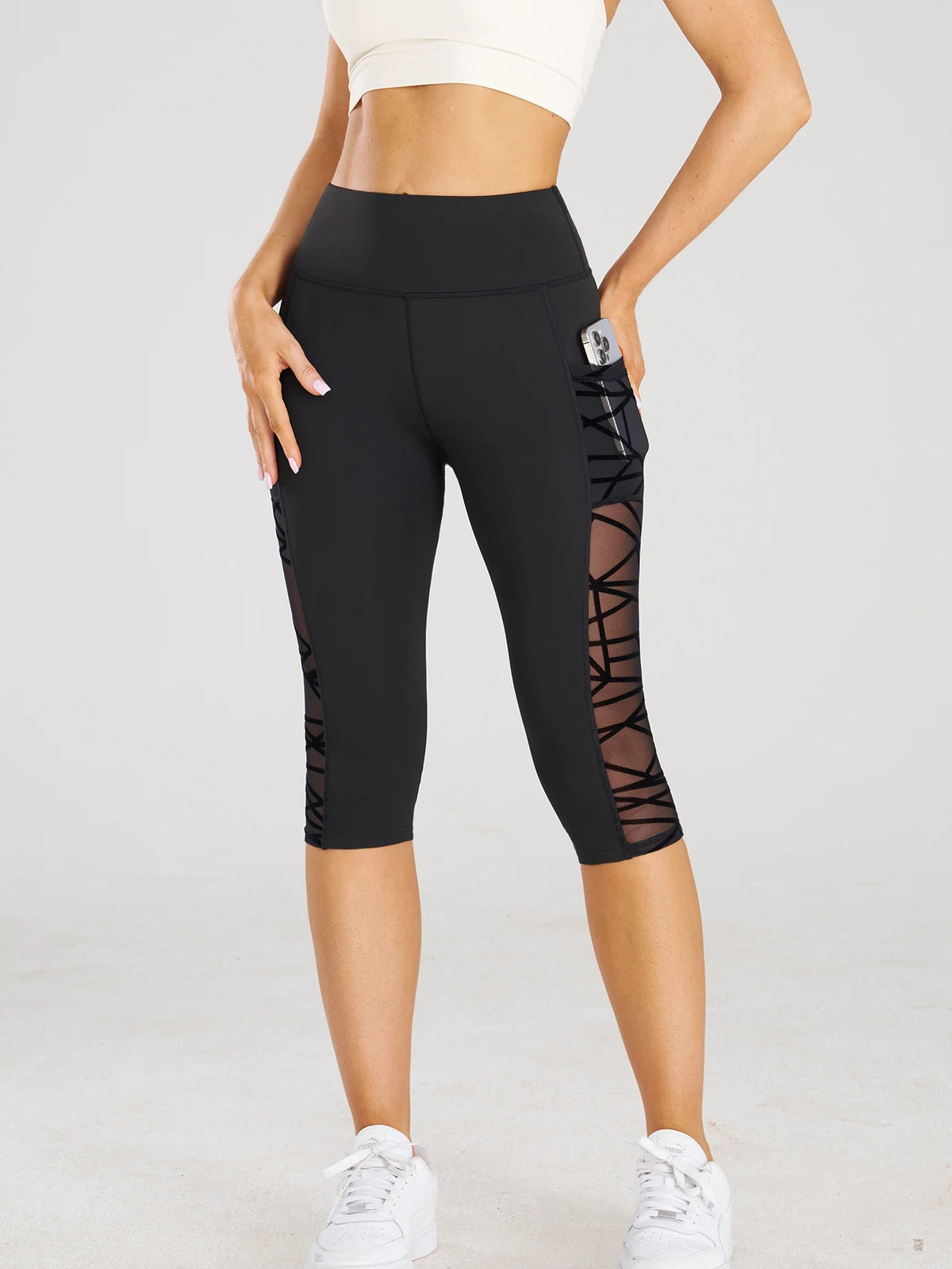PranaRelief Mesh Stitch Capri Yoga Pants – High-Waisted Crop Leggings with Pockets