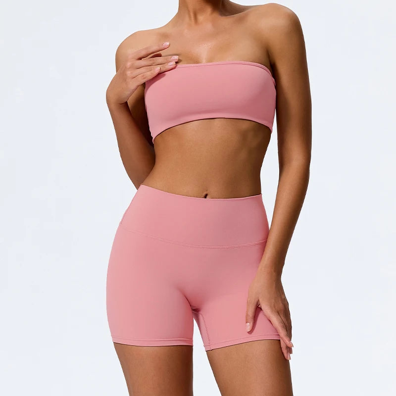 PranaRelief 2-Piece Ribbed Workout Set – High-Waist Leggings & Strapless Bra