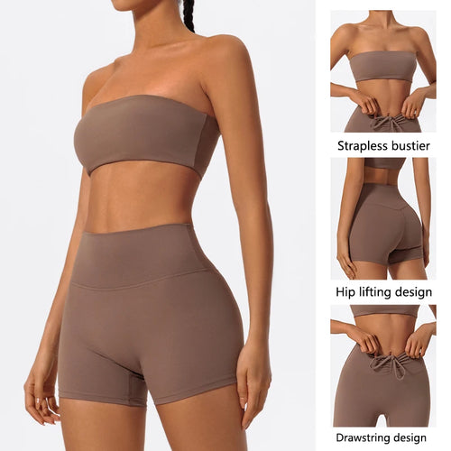 PranaRelief 2-Piece Ribbed Workout Set – High-Waist Leggings & Strapless Bra