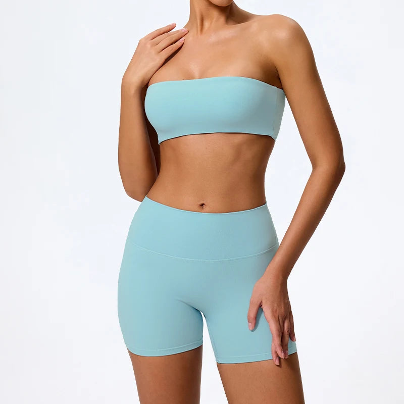PranaRelief 2-Piece Ribbed Workout Set – High-Waist Leggings & Strapless Bra