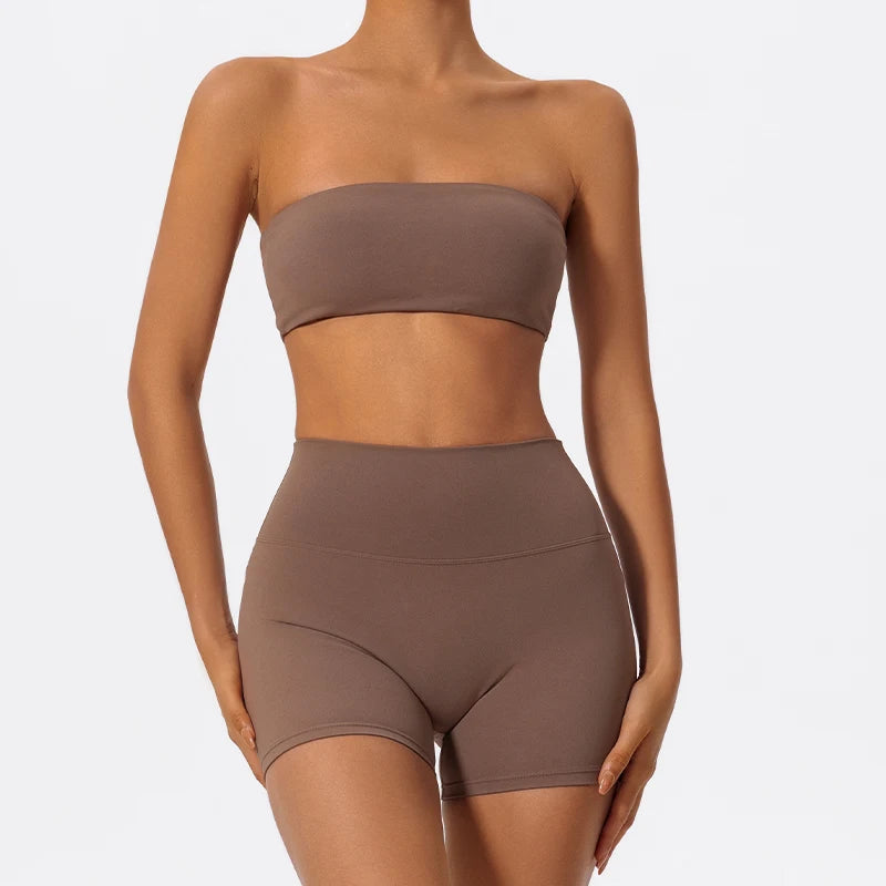 PranaRelief 2-Piece Ribbed Workout Set – High-Waist Leggings & Strapless Bra
