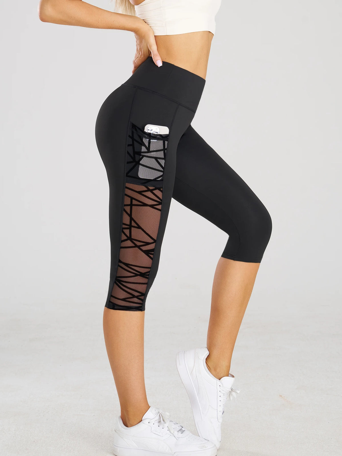 PranaRelief Mesh Stitch Capri Yoga Pants – High-Waisted Crop Leggings with Pockets