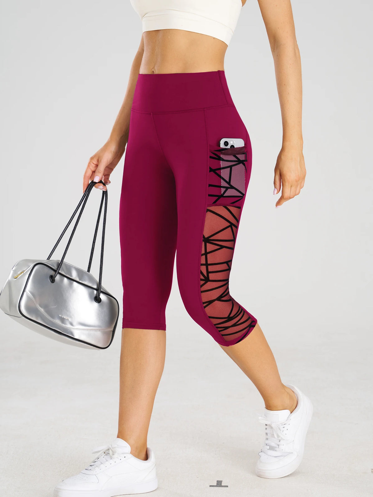 PranaRelief Mesh Stitch Capri Yoga Pants – High-Waisted Crop Leggings with Pockets