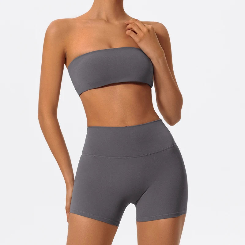 PranaRelief 2-Piece Ribbed Workout Set – High-Waist Leggings & Strapless Bra