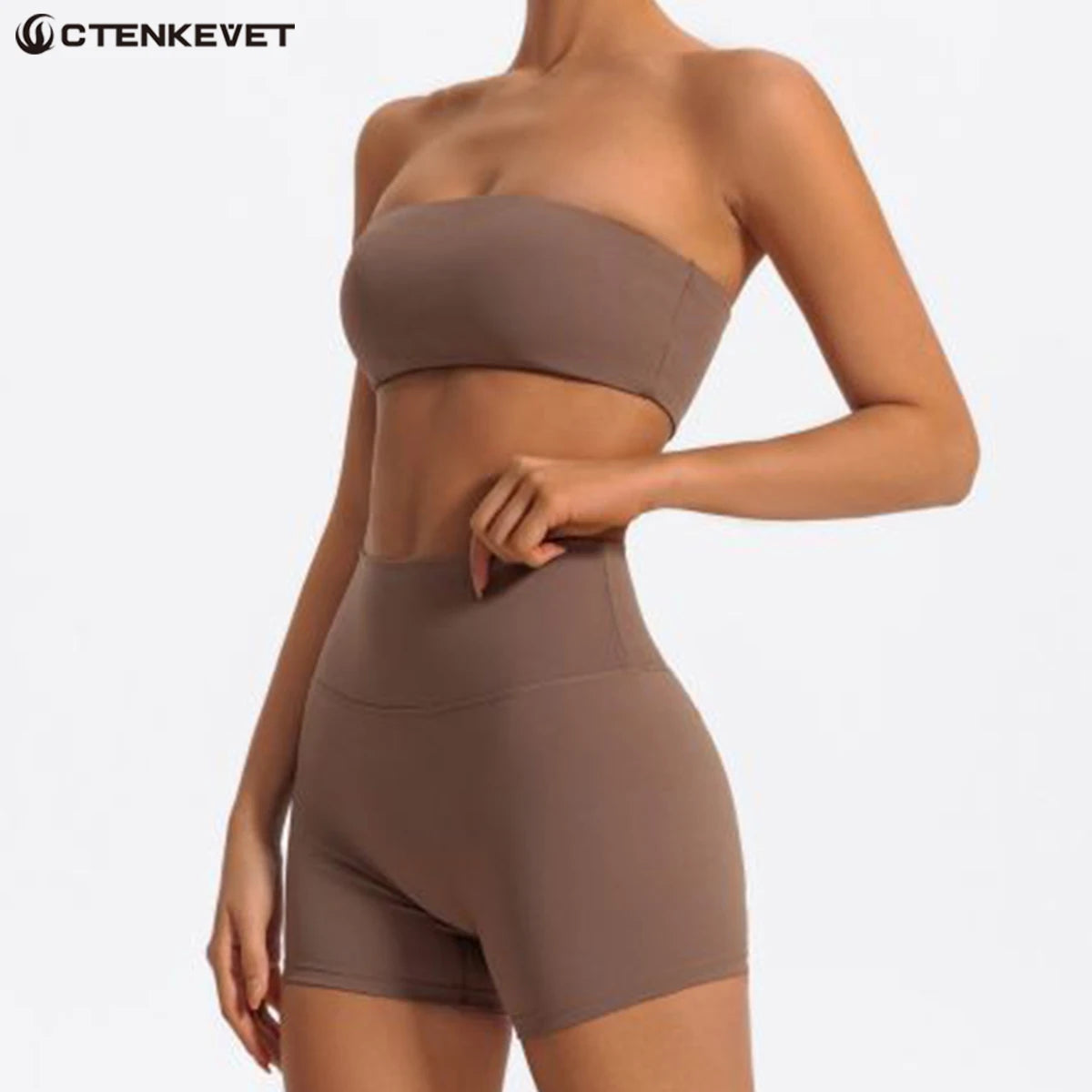 PranaRelief 2-Piece Ribbed Workout Set – High-Waist Leggings & Strapless Bra