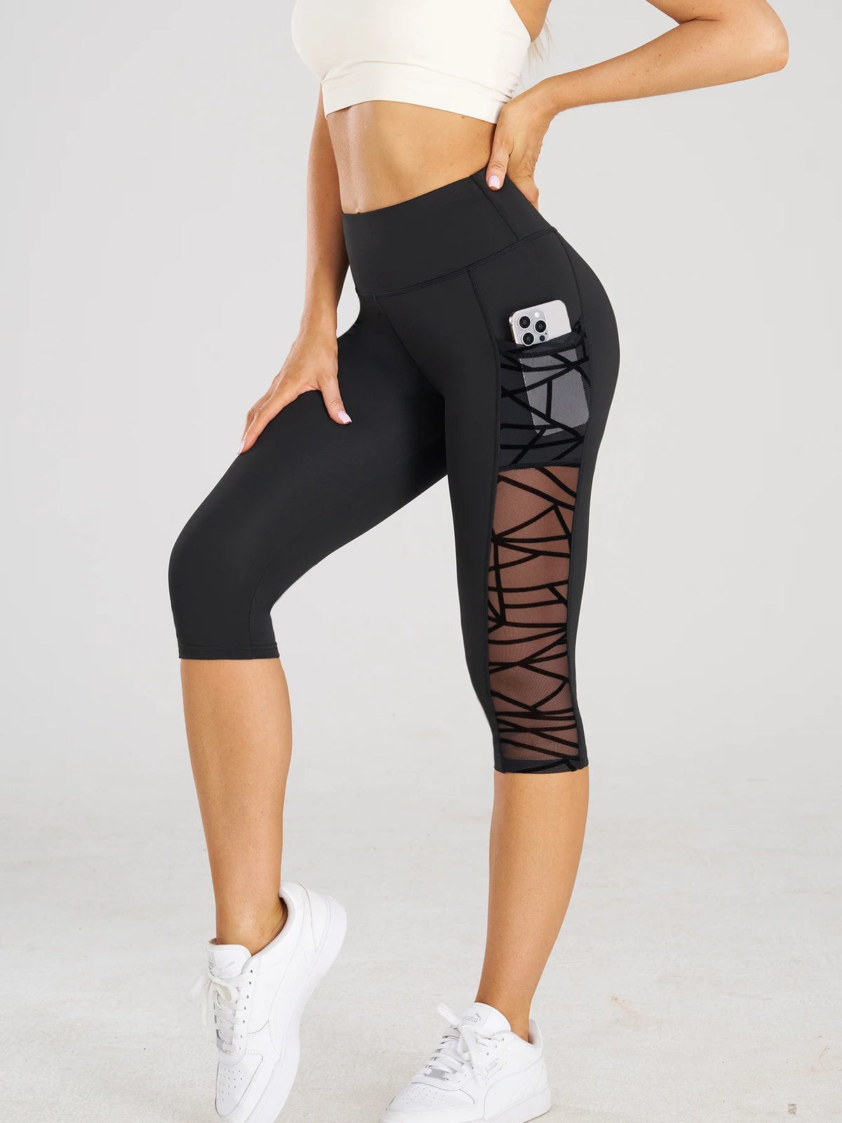 PranaRelief Mesh Stitch Capri Yoga Pants – High-Waisted Crop Leggings with Pockets