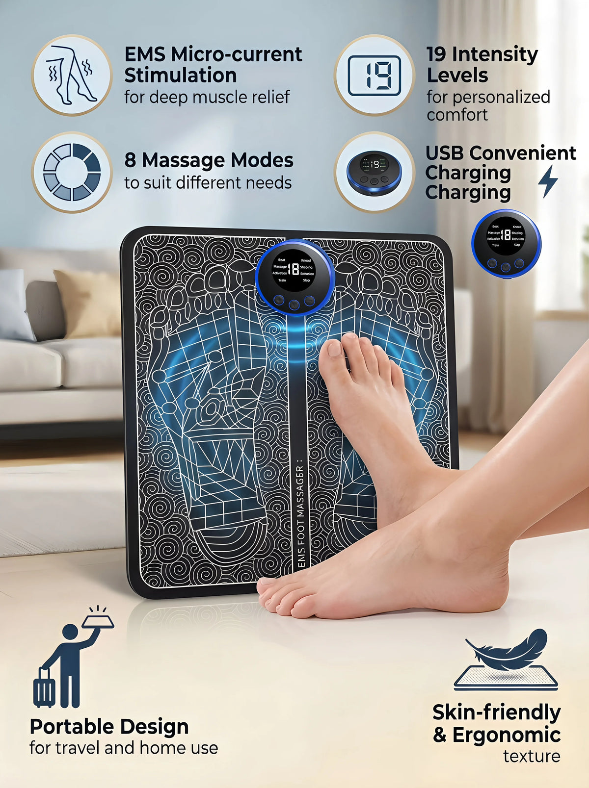 PranaRelief Rechargeable Electric Foot Massager – EMS Circulation Stimulator & Muscle Relaxer